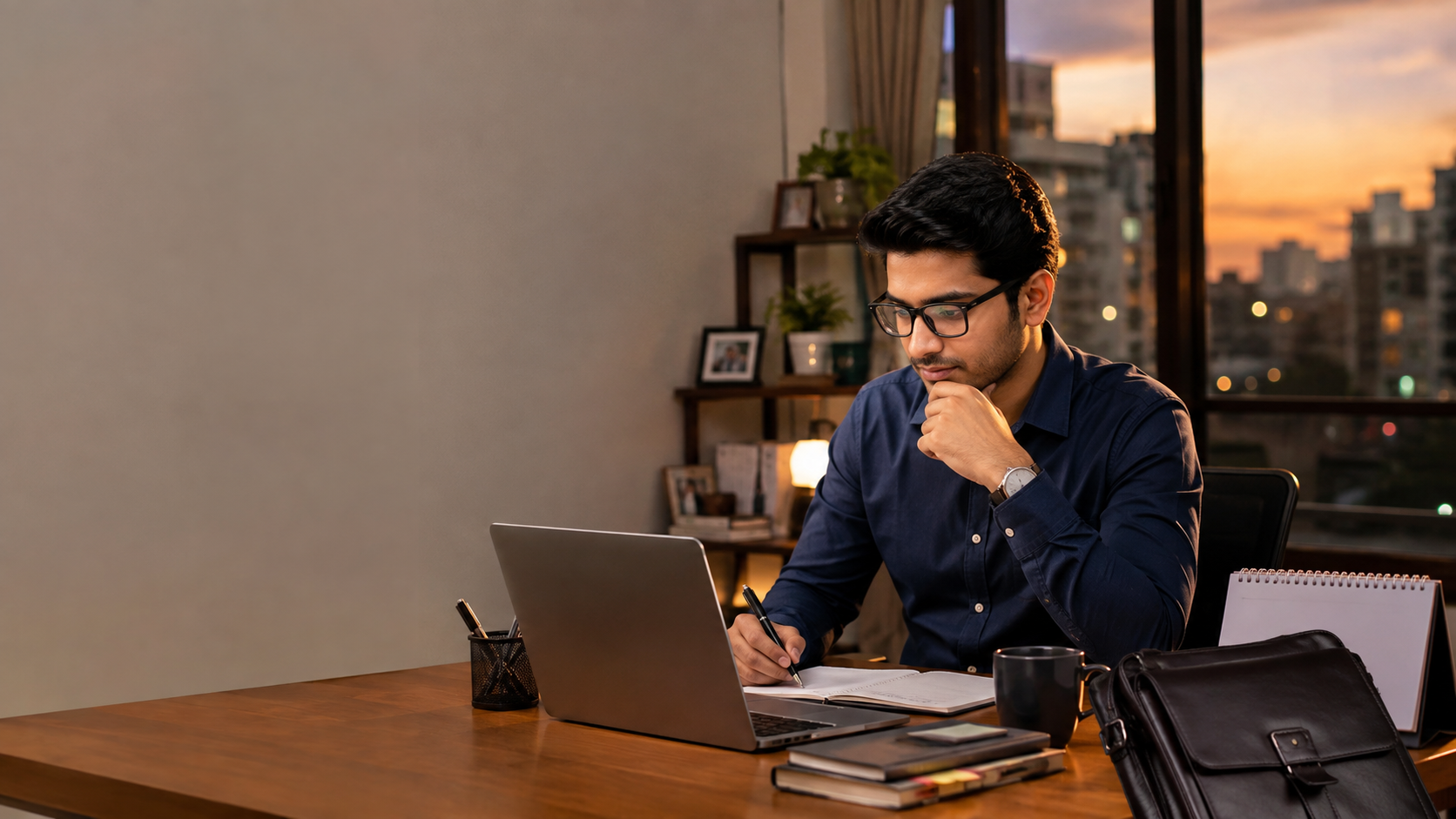 Indian working professional attending an Amity Online MBA class from home